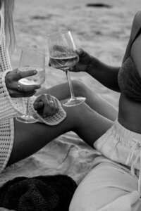 Two women toasting wine glasses bonding at TAWC gathering
