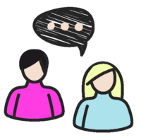 A playful cartoon illustration of two women meeting and talking, representing authentic connections being made at Connect Belong’s gatherings.
