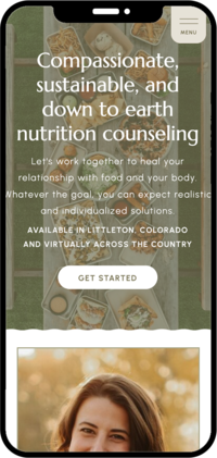 Website homepage for compassionate nutrition counseling, featuring a welcoming design and resources for healthy eating by Unica Formo.