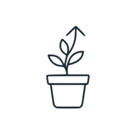 Line art icon of a potted plant with upward arrow growth, symbolizing services built to grow with you.