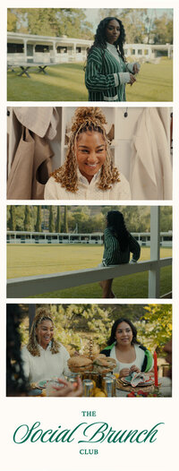 A strip of polaroid images of women on a bowling green and at brunch.