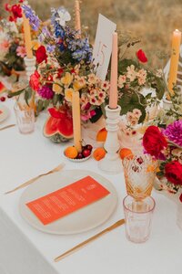 Bright Wedding Flowers and Fruits Wedding Table Decor with Orange Stationery (1)