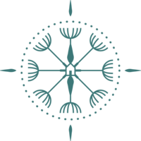 A circle compass icon. The lines on the compass are dandelion seeds and in the center there is the outline of a house.