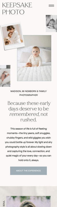 Screenshot of the mobile version of a modern Showit website template for newborn photographers