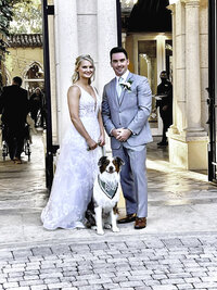 a bride and groom (groom in grey suite) standing in front of a column. There is a white and brown dog standing in front of them with a teal bandana on.