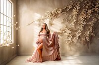 boho styled waxhaw, nc studio maternity photo of a blonde expectant mom in a pink dress 