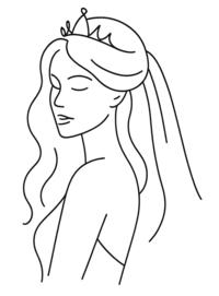 Minimalist profile line drawing of a bride with a veil and tiara, representing salon bridal beauty packages.