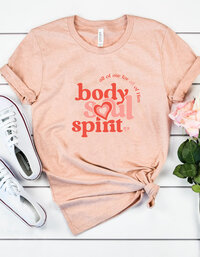 peach tee with peach and red screenprint
