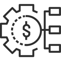 Gear icon with dollar sign and branching structure representing cost breakdown and budgeting