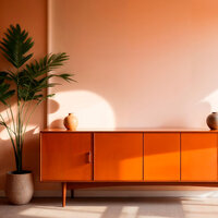 Mid-century orange sideboard with ceramic vases and a tall potted plant, set against a softly sunlit peach wall.