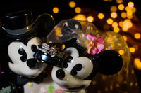 Macro photo of Mickey and Minnie from Disney World holding a wedding ring, symbolizing Disney wedding magic.