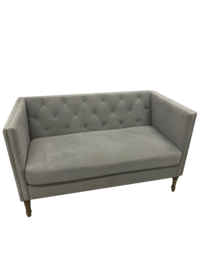 Stunning, grey fabric upholstered vintage looking settee small couch available for rent in Milwaukee, perfect for adding some style and elegance to a photoshoot, photobooth, focal area at a wedding, conference, birthday party, bridal shower or baby shower.