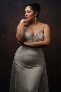 Column style wedding dress with removable lace train