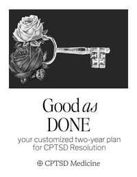 Cover of the Good as Done Planner by Tanner Wallace featuring a silver key entwined with roses and the text “Good as Done: your customized two-year plan for CPTSD Resolution.