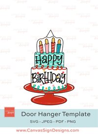 Birthday cake with candles and black hand lettered happy birthday on red platter wooden door hanger template