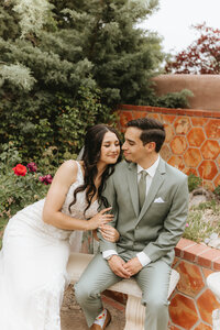 bride and groom portrait in the Aspen Picnic ground in Santa Fe