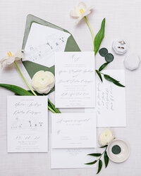 sage green wedding invitation arrangement  flatlay