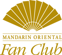 Logo with a stylized gold fan above the words "Mandarin Oriental Fan Club" in gold text. The fan has a semi-circle shape with rib-like lines extending from the base.