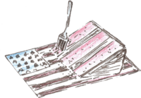 A hand drawn illustration of a slice of red velvet cake on an american flag