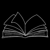 White line-drawn open book on black background, symbolizing learning, reflection, and a new outlook shaped by faith.