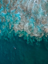 Birds eye view of crashing waves with a surfer