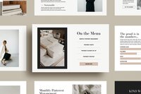 A collection of design templates on a beige background featuring various layouts with images and text, created by skilled showit designers. Sections include "On the Menu" and "The proof is in the numbers," showcasing the elegance of custom Showit website design.