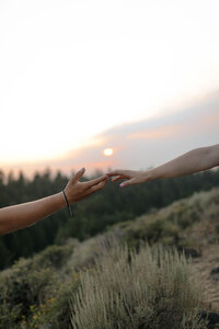 Close up of 2 hands reaching for each other, their finger tips touching. Behind them the sun is setting over the trees.