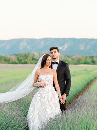Bride and groom in the provencal lavender fields, luxury wedding portrait with haute couture dress from m Mira Zwillinger