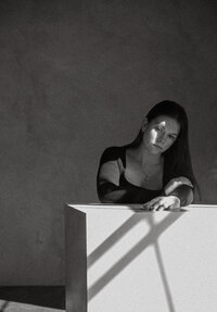 Mariah on white box black and white image