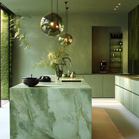 Modern green kitchen with marble island, pendant lights, built-in shelving, and greenery adding a natural touch.