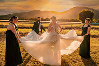 The bride and groom pose with their bridesmaids, capturing a joyful moment as the sun sets in the background.