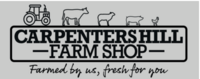 Black and white logo with farm animal silhouettes and a tractor above “Carpenters Hill Farm Shop,” with the tagline “Farmed by us, fresh for you.”