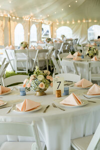 Wedding tablescape for springtime MN wedding in peach, blue, and green