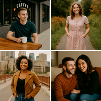 Collage of single individuals photographed in diverse Minneapolis and Twin Cities locations including a cozy coffee shop, nature trail, urban backdrop, and at home—capturing personalized dating photo session settings.