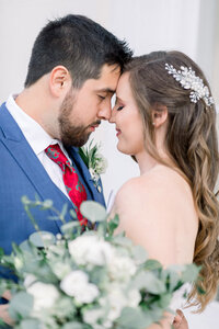 Bride and groom walk up memorial steps at their DC wedding