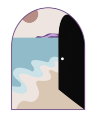 Logo with door opening to ocean view