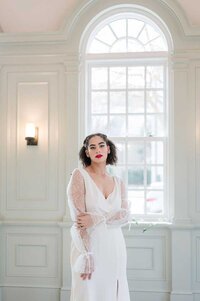 sheer sleeve crepe wedding gown Edith Elan timeless bridal Charleston, SC