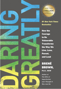 Cover of the book Daring Greatly by Brené Brown. The background is dark grey with the title in bold, colorful gradient letters—green, blue, and yellow—stacked vertically. A gold seal highlights its bestseller status.
