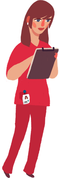 cartoon nursing in red scrubs reading clipboard