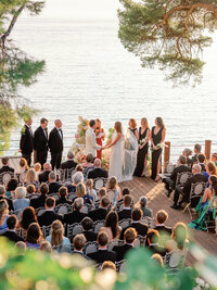 Wedding ceremony on the French Riviera, drone view of the Mediterranean Sea