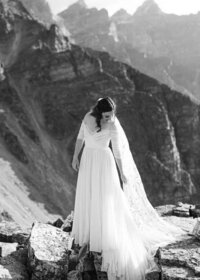 A portrait of a bride at Moraine Lake  Lodge in Banff