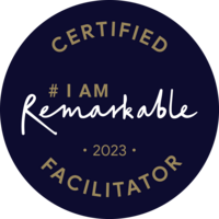 Circle badge that says "Certified #IAmRemarkable Facilitator 2023"