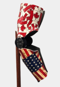 Custom rodeo elbow brace with a print design of US and Canada flags.