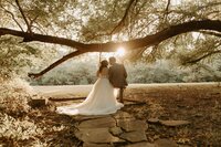 bride and groom sitting on tree swing nose to nose