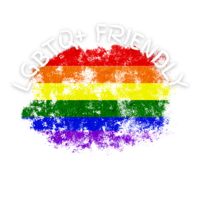 A rainbow flag representing LGBTQIA+ colors has arched text over the top stating "LGBTQ+ friendly" in white text