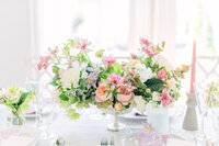 Floral centerpiece for the reception table at the spring inspired wedding editorial shoot at the Merrimon-Wynne house in Raleigh, NC