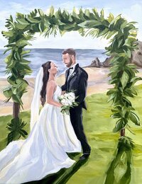 Painting of bride and groom under arch