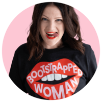 Emily Lauren Dick, brand strategist and website designer for women, wearing a black shirt with lips that say "bootstrapped woman."