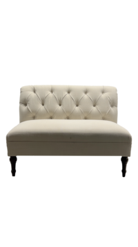 Stunning, white fabric upholstered vintage settee small accent couch available for rent in Milwaukee, perfect for adding some style and elegance to a photoshoot, photobooth, focal area at a wedding, conference, birthday party, bridal shower or baby shower.