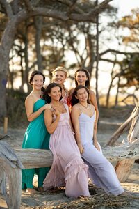 A group of five young women in flowing pastel dresses pose together on a driftwood-filled beach, bathed in the warm glow of golden hour. Their radiant smiles and natural elegance create a stunning senior team portrait, captured by Megan Bowers Photography, specializing in expressive and timeless senior photography.